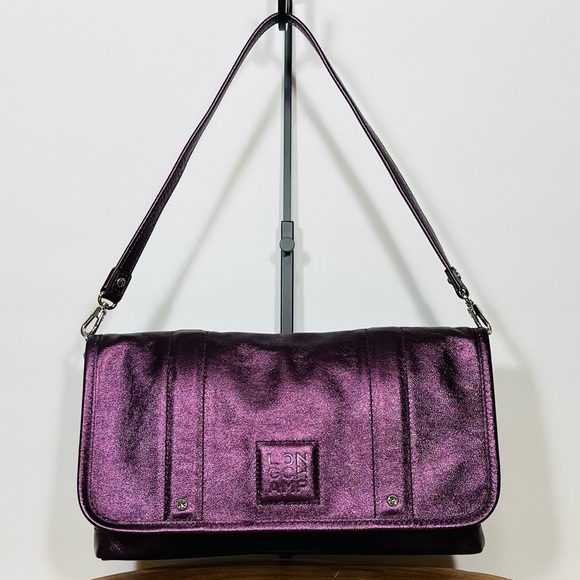 HTF LONGCHAMP METALLIC LEATHER SHOULDER BAG-CLUTCH - Picture 1 of 16